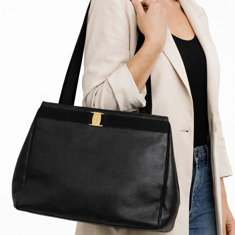 Ferragamo Black Lizard Embossed Large Vara Bow Satchel Tote